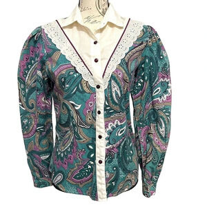 Circle T Paisley Western Shirt Women 9/10 Teal Prairie Cottagecore 80s 90s Boho